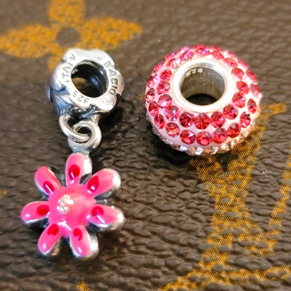 Authentic sterling silver DANGLE FLOWER charm Bacio Italy stamped & crystal bead